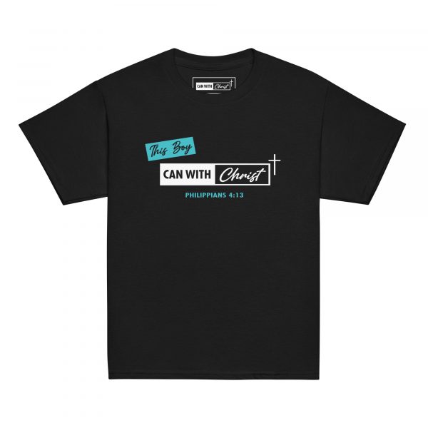 Kids, this boy can, teal label t-shirt